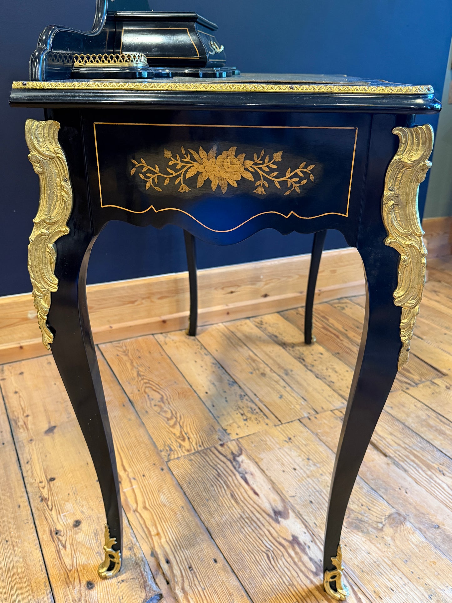 Fabulous French Louis XV style Desk Ebonised with Gilt Metal Mounts & Inlay