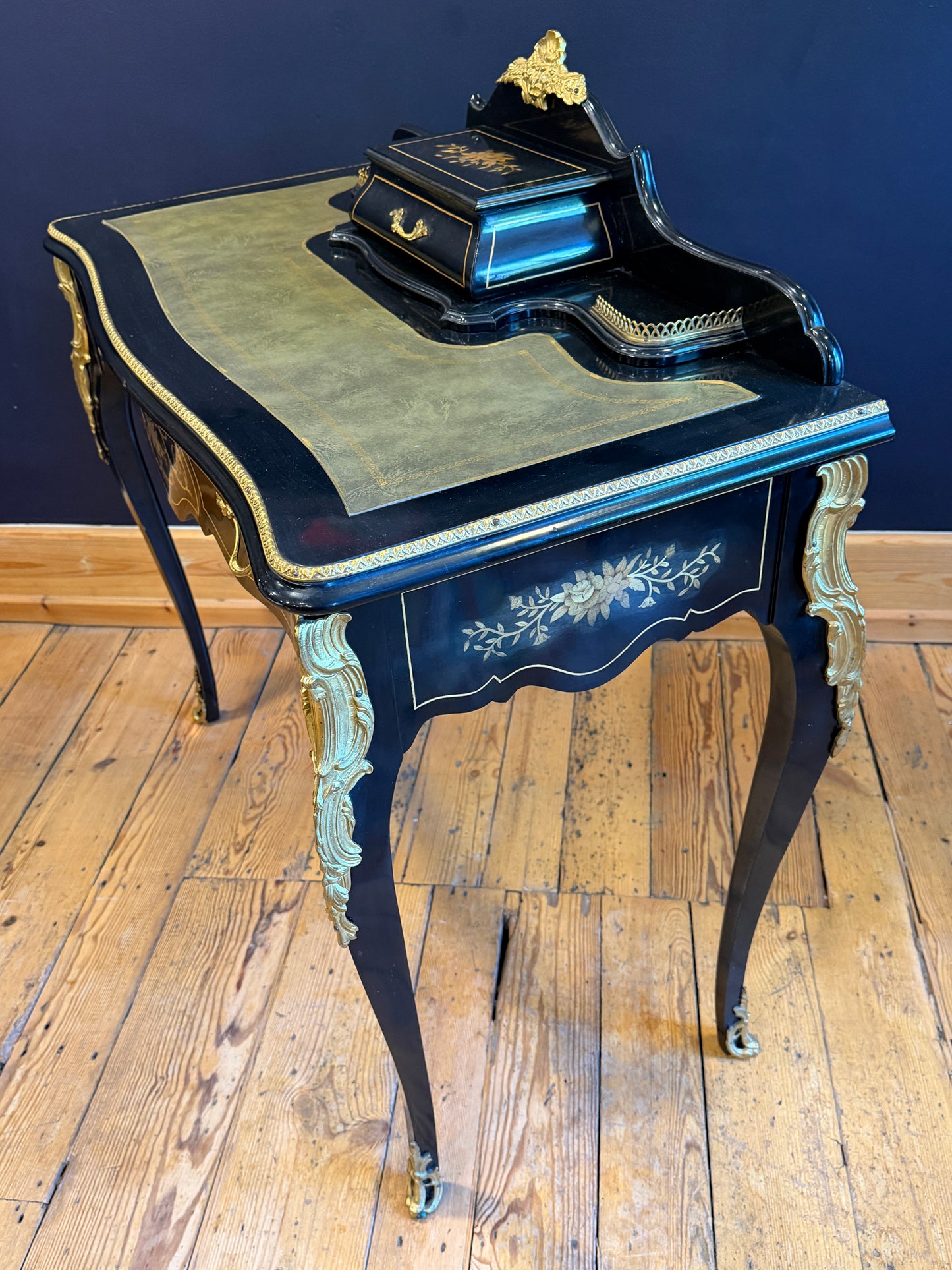 Fabulous French Louis XV style Desk Ebonised with Gilt Metal Mounts & Inlay