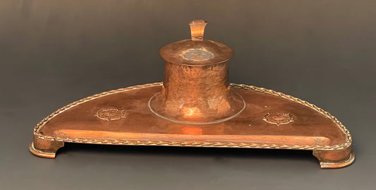 Superb Antique English Arts and Crafts Copper Inkwell / Desk Stand c1910