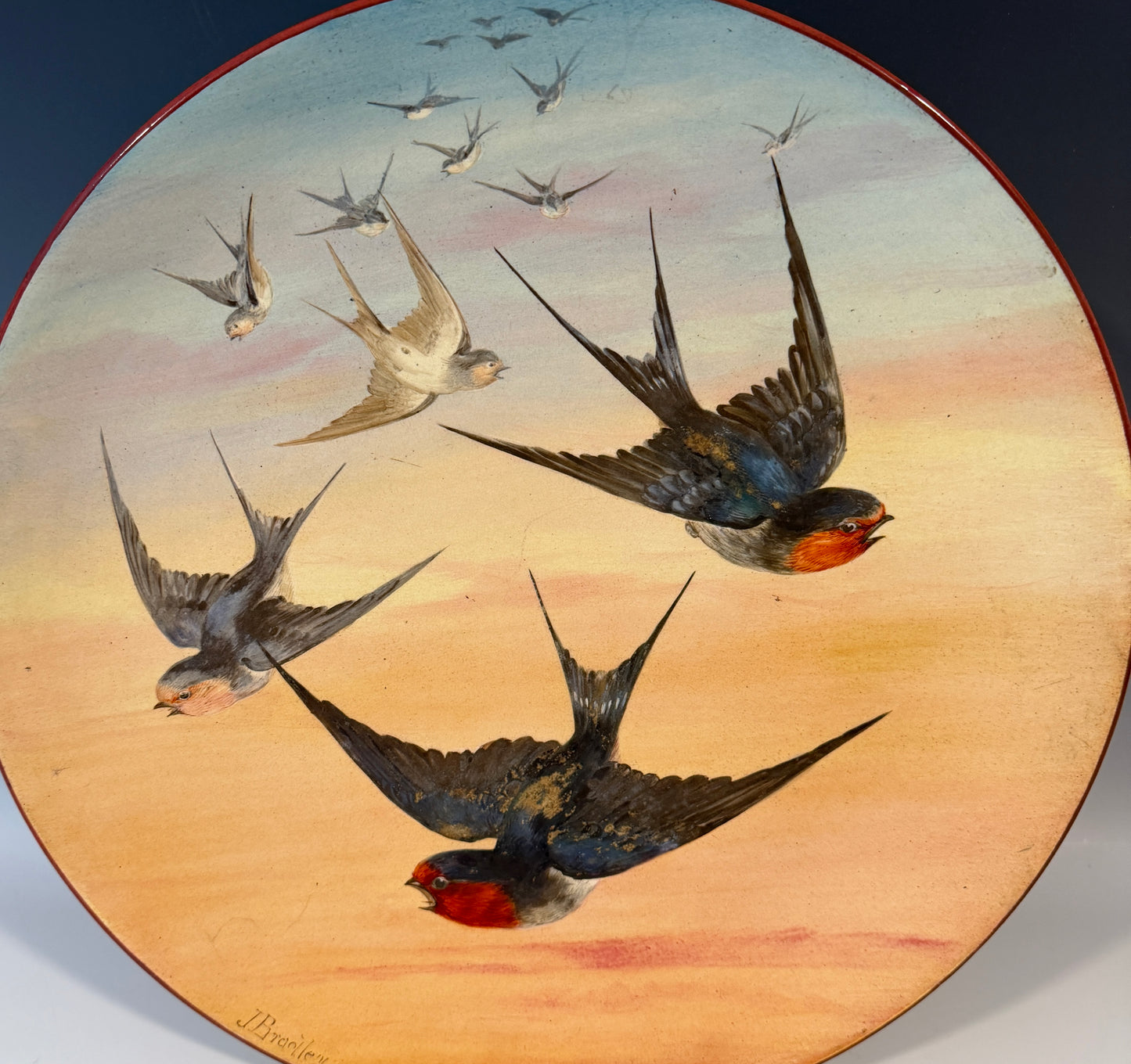 Large Royal Worcester Pottery Wall Charger Painted Swallows Signed J Bradley