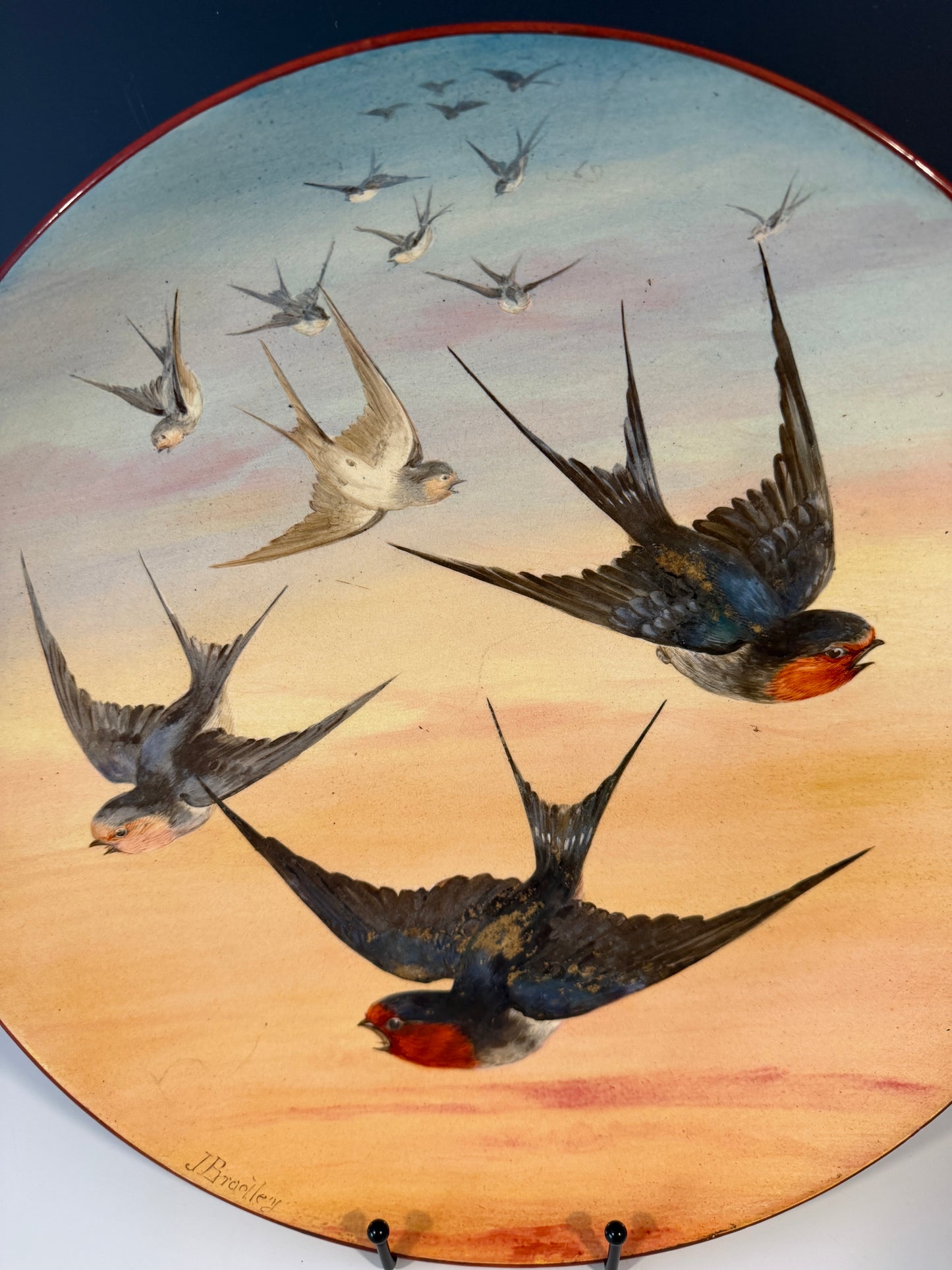 Large Royal Worcester Pottery Wall Charger Painted Swallows Signed J Bradley