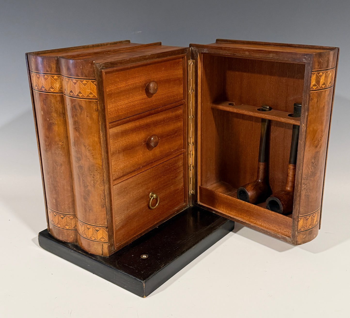 Rare Antique Smokers Cabinet Pipe Rack Burr Inlaid Walnut Faux Books Dunhill?