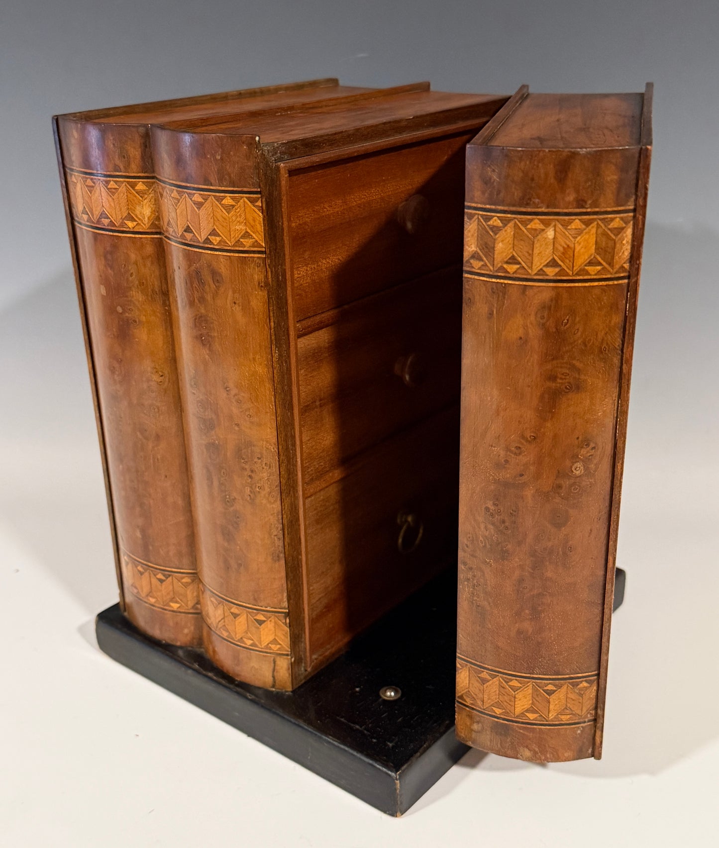 Rare Antique Smokers Cabinet Pipe Rack Burr Inlaid Walnut Faux Books Dunhill?
