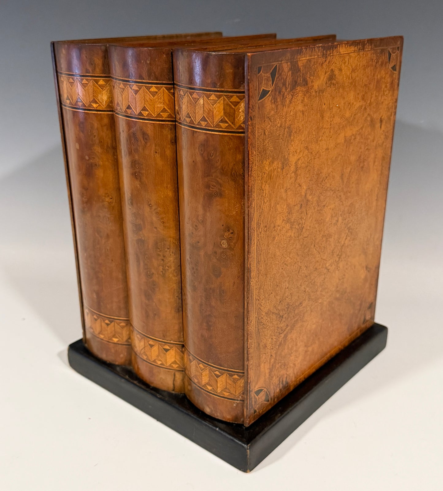 Rare Antique Smokers Cabinet Pipe Rack Burr Inlaid Walnut Faux Books Dunhill?