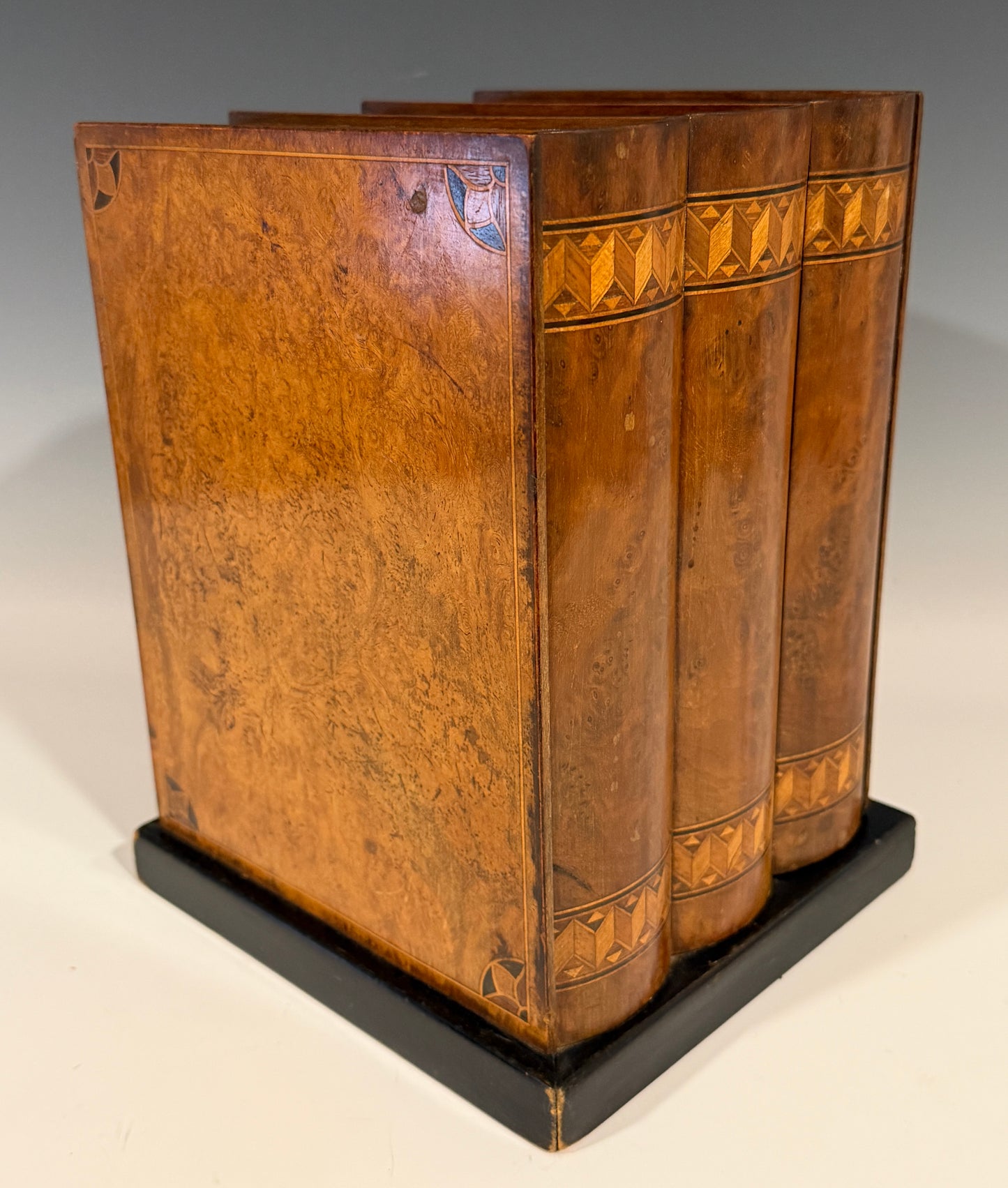 Rare Antique Smokers Cabinet Pipe Rack Burr Inlaid Walnut Faux Books Dunhill?