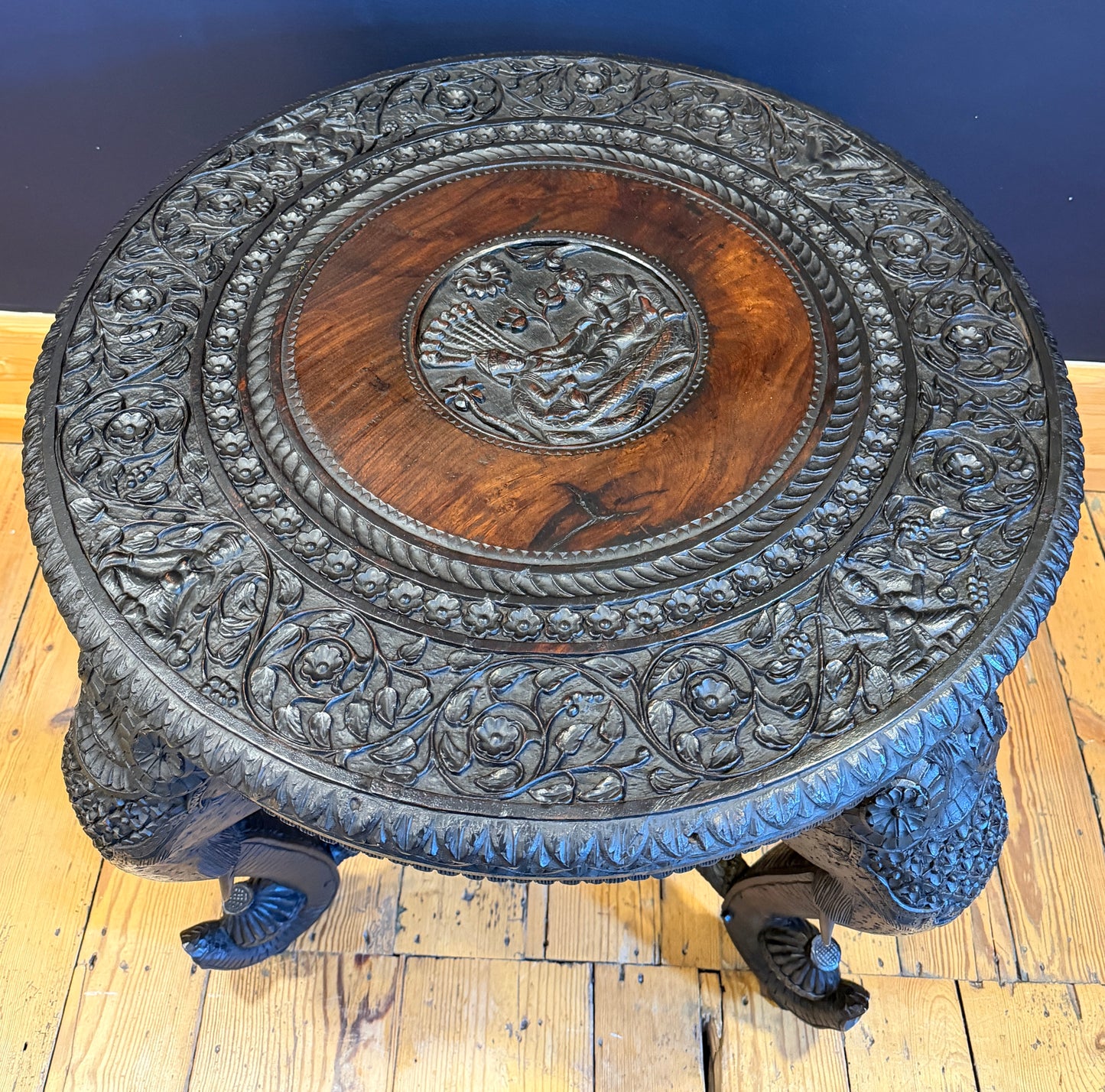 Stunning Antique Carved Anglo Indian Carved Elephant Centre / Coffee Table c1890