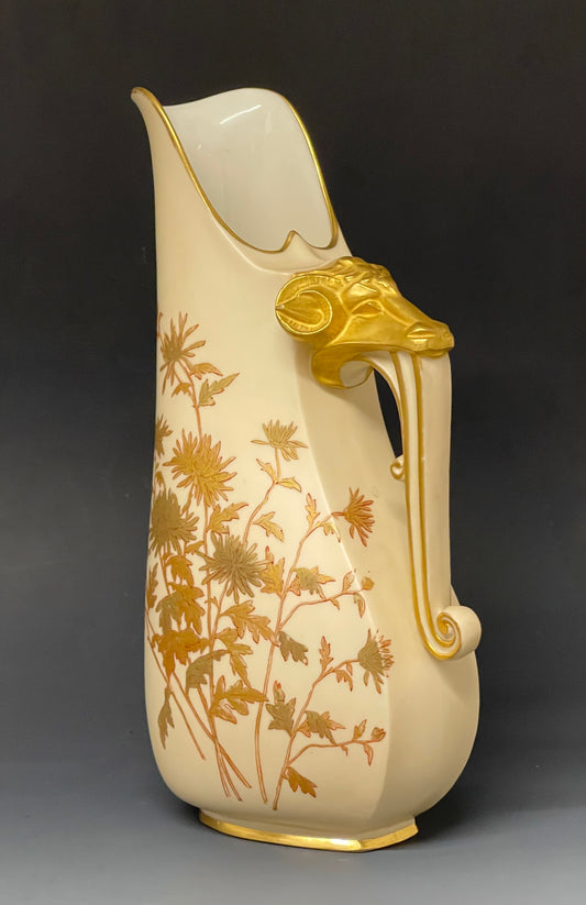 Superb Rare & Unusual Antique Royal Worcester Vase / Ewer Gilded Rams Head c1888