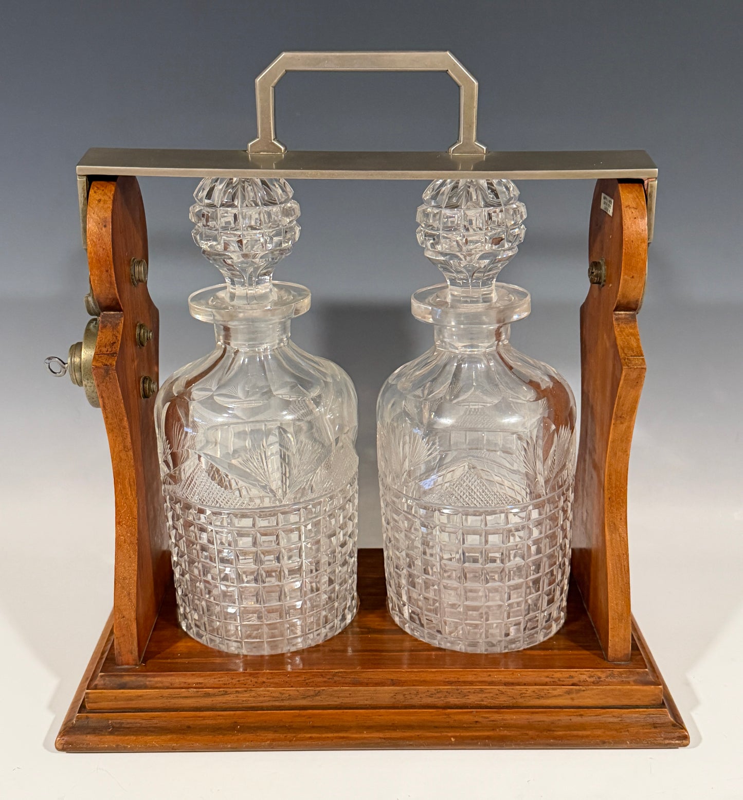 Antique Victorian Mahogany & Silver Plated 2 Bottle Tantalus by Mappin & Webb