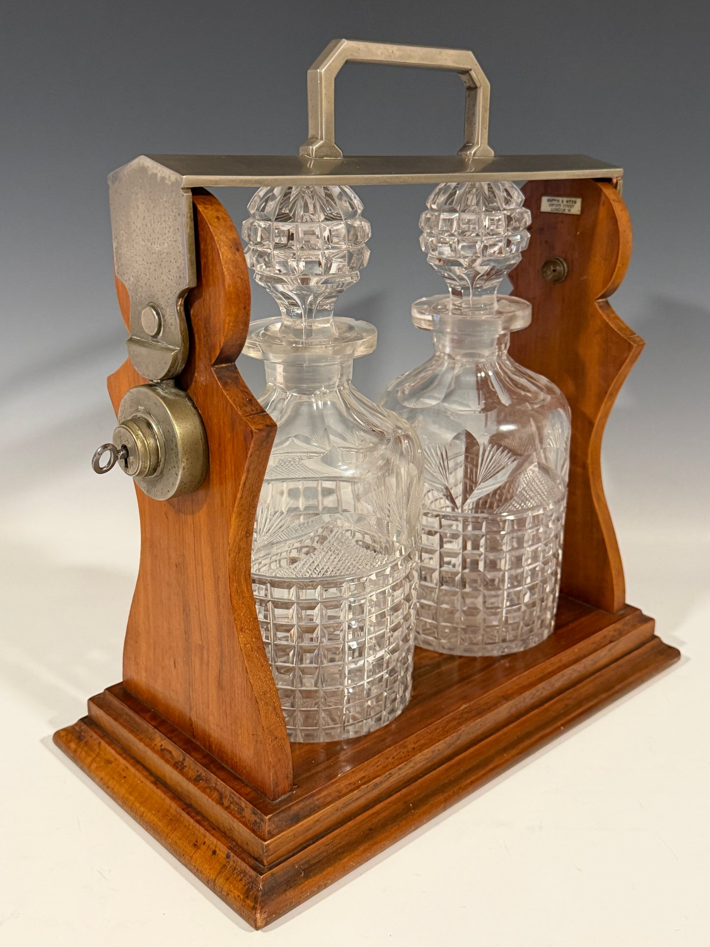 Antique Victorian Mahogany & Silver Plated 2 Bottle Tantalus by Mappin & Webb