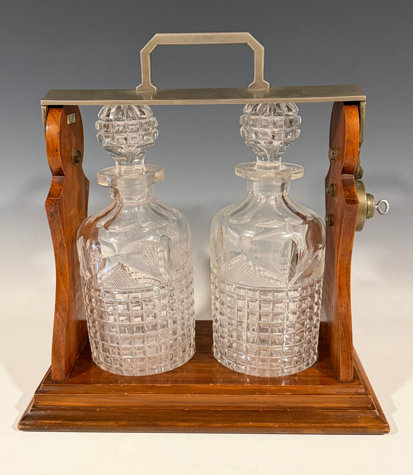 Antique Victorian Mahogany & Silver Plated 2 Bottle Tantalus by Mappin & Webb