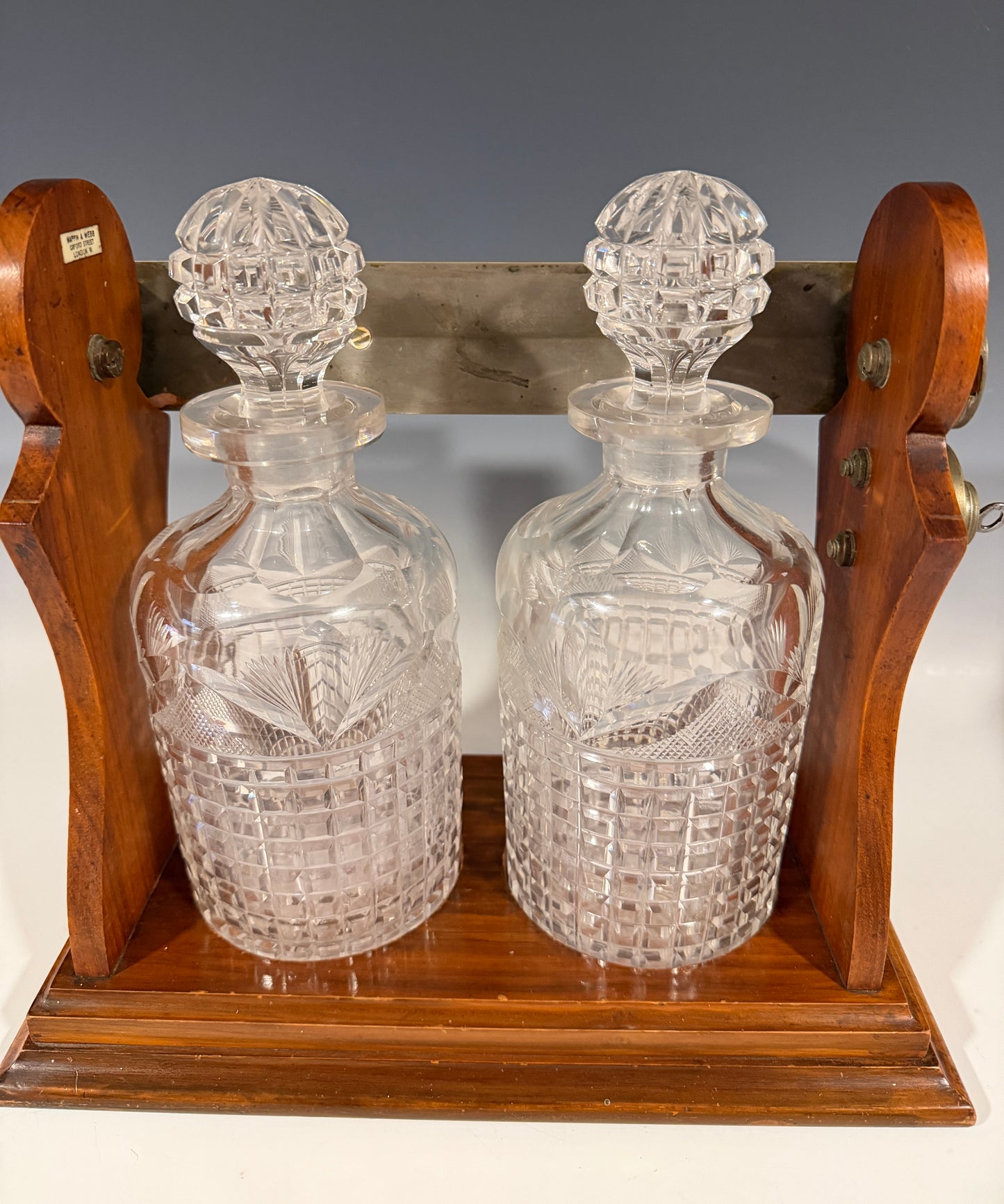 Antique Victorian Mahogany & Silver Plated 2 Bottle Tantalus by Mappin & Webb