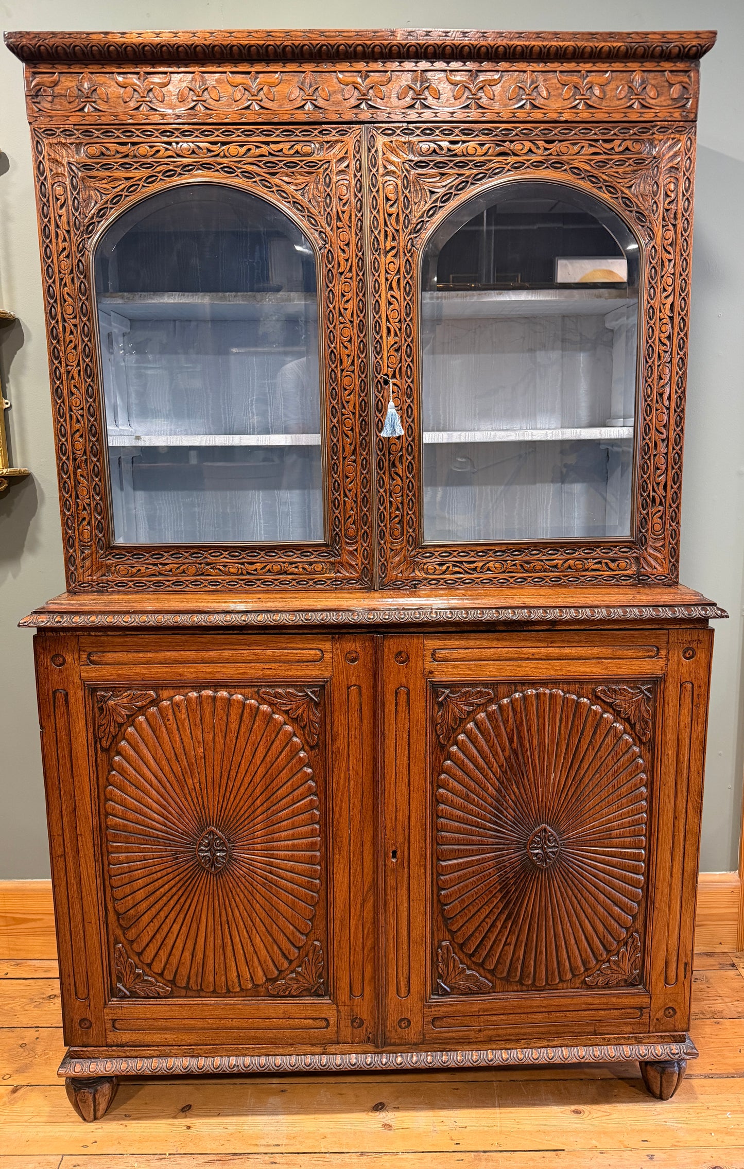 Stunning Antique Carved Mahogany Anglo Indian Glazed Bookcase / Cupboard c1850