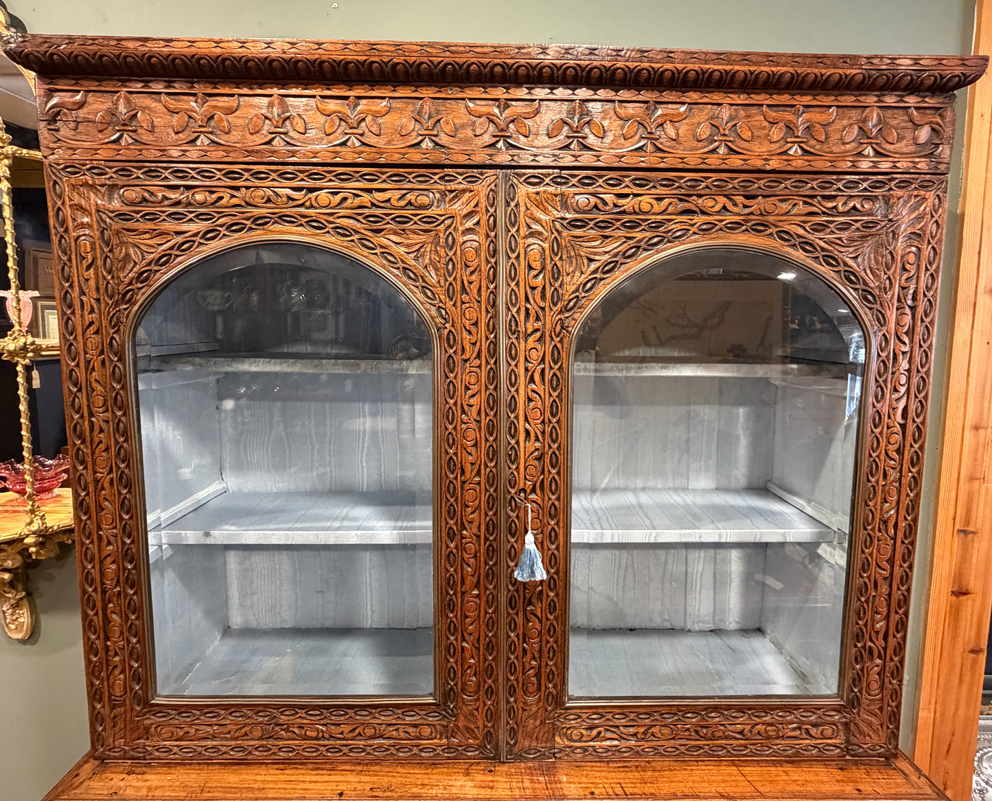 Stunning Antique Carved Mahogany Anglo Indian Glazed Bookcase / Cupboard c1850
