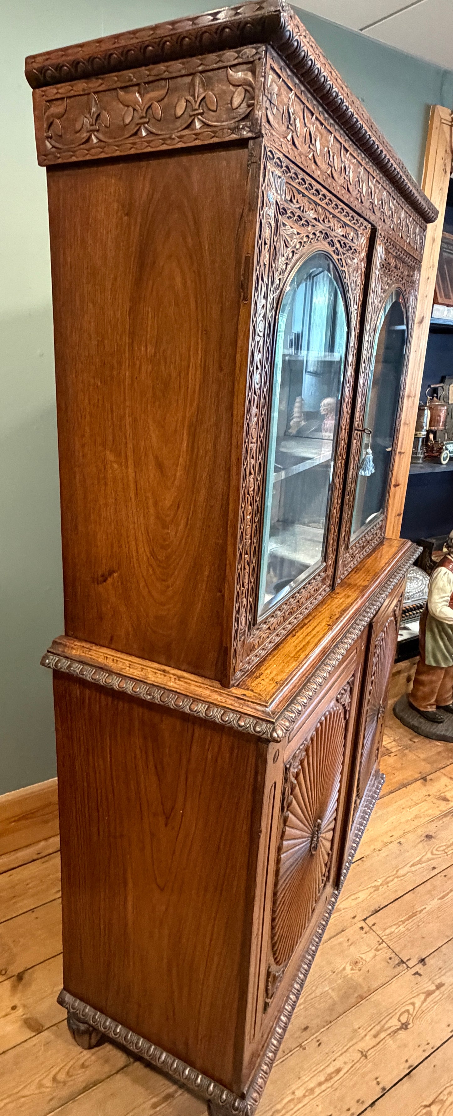 Stunning Antique Carved Mahogany Anglo Indian Glazed Bookcase / Cupboard c1850