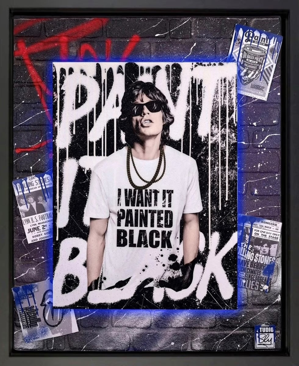 Mr Sly Original Large Signed Mixed Media Paint it Black Mick Jagger Portrait