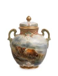 Royal Worcester Lidded Vase Hand Painted Highland Cattle Signed H Stinton c1919